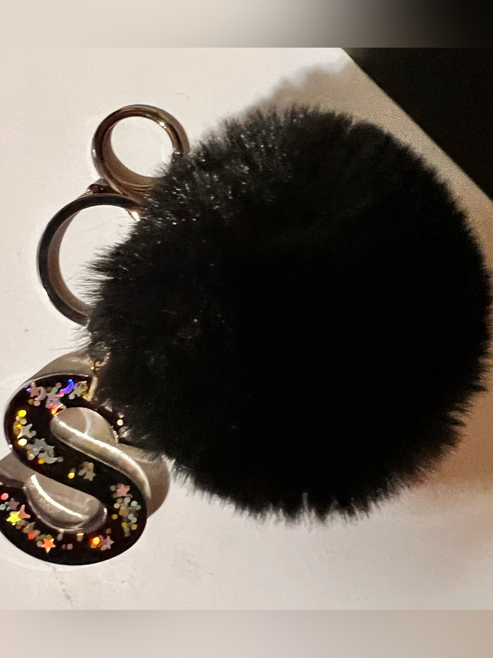 Black Faux Fur Pom Keychain with Letter S Charm
